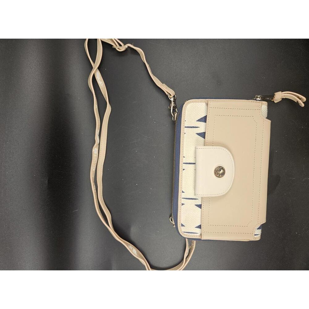 Spartina 449 Phone Wallet Crossbody Purse Linen Leather Navy Tan 7.5 In